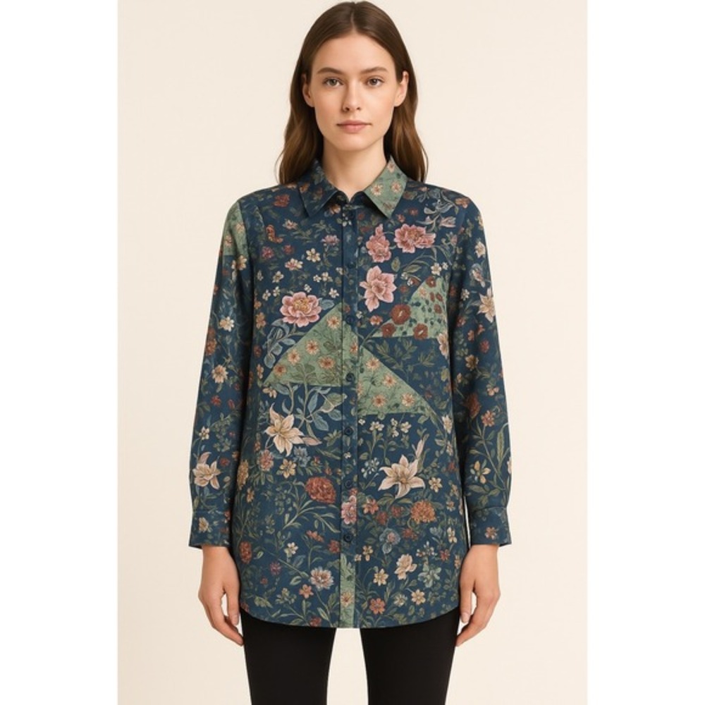 Zara Floral Patchwork Print Button Down Long Slee… - image 1
